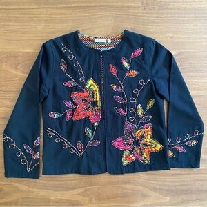 Choices Navy Jacket with Bright Embroidered Floral Motifs